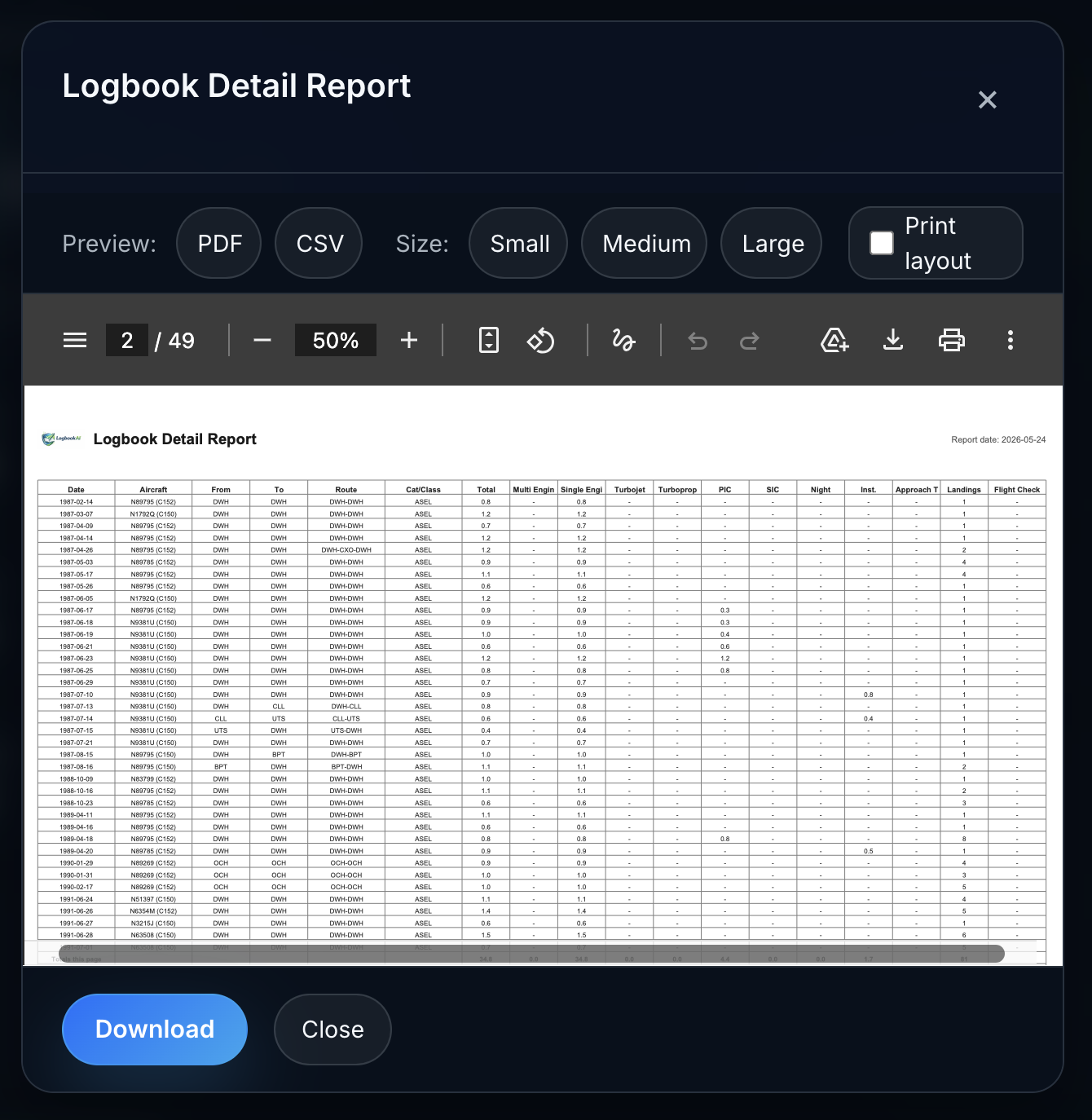 Logbook AI CSV and JSON export